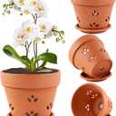 Terracotta Orchid Pots with Holes and Saucers, 6 Inch Set of 4 Clay Orchid Planter for Repotting, Terra Cotta Plant Pots for Flower Succulents Indoor and Outdoor Promotes Air Circulation
