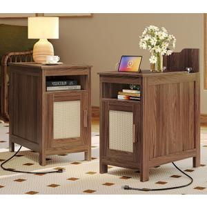 Huuger Narrow Night Stand Set of 2, End Table with Charging Station, USB-C Port, Rattan Side Table with Cabinet and Open Shelf, Synthetic Rattan, for Small Spaces, Bedroom, Walnut