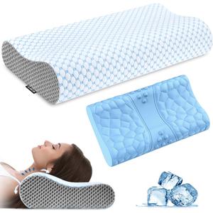 Neck Pillow Memory Foam Pillows - Cooling Neck Support Pillow for Pain Relief, Ergonomic Cervical Pillow for Sleeping, Orthopedic Contour Bed Pillow for Side, Back & Stomach Sleepers (Blue & Grey)