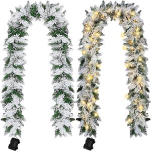 2 Pcs 9ft Pre Lit Snow Flocked Christmas Garland Cedar Garland with 100 Warm White LED Lights Battery Operated with Timer and 8 Functions Xmas Decorations Indoor Outdoor Front Door Decor
