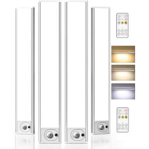 4Pack 12inch Under Cabinet Lighting with Remote, 2400mAh USB Rechargeable Battery LED Lights, Smart Motion Sensor Wireless Indoor, Dimmable 3 Color Temps Closet Light for Kitchen, Stairs