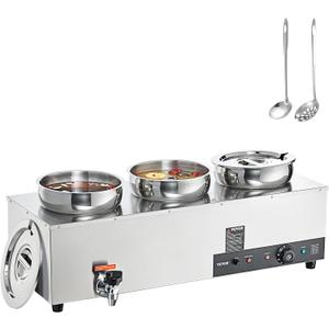 VEVOR Electric Soup Warmer, Three 7.4QT Stainless Steel Round Pot 86~185F Adjustable Temp, 1200W Commercial Bain Marie with Anti-dry Burn and Reset Button, Soup Station for Restaurant, Buffet, Silver