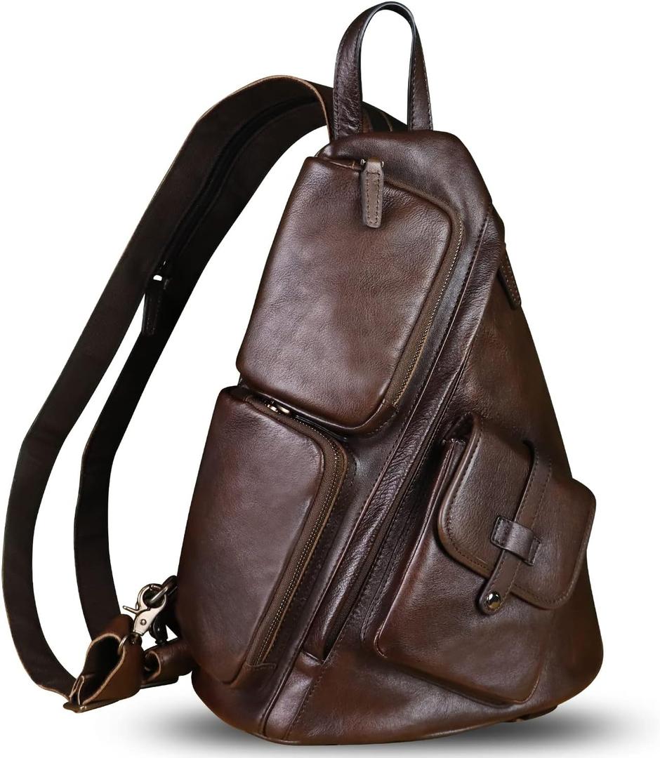 Genuine Leather Large Sling Bag for Men and Women Large Sling Backpack Purse Shoulder Crossbody Chest Bag for Ipad (Coffee)