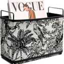 Jungle Theme Magazine Holder - Black & White Embroidered Fabric Magazine Rack Floor, Vintage Faux Leather Newspaper Book Basket Box for Bathroom, Living Room and Toilet (Random Pattern)