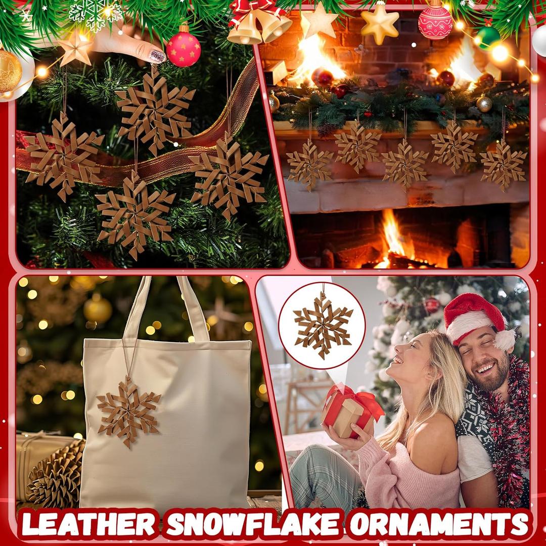 Soulchen 4 Pcs Leather Snowflake Western Christmas Winter Tree Ornaments 4.9 Inch Rustic Vintage Farmhouse Christmas Tree Decor Neutral Snowflakes Crafts Retro Hanging Ornaments for Wall Fireplace