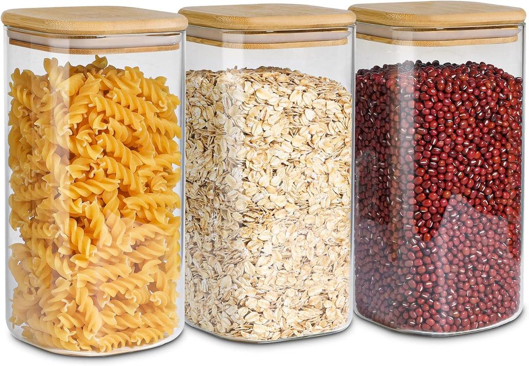 ComSaf Airtight Glass Storage Canister with Wood Lid (51 oz), Clear Food Storage Container Jar with Sealing Lids for Oat Pasta Flour Cereal Rice Sugar Tea Coffee Beans, Set of 3 Square Cookie Jar