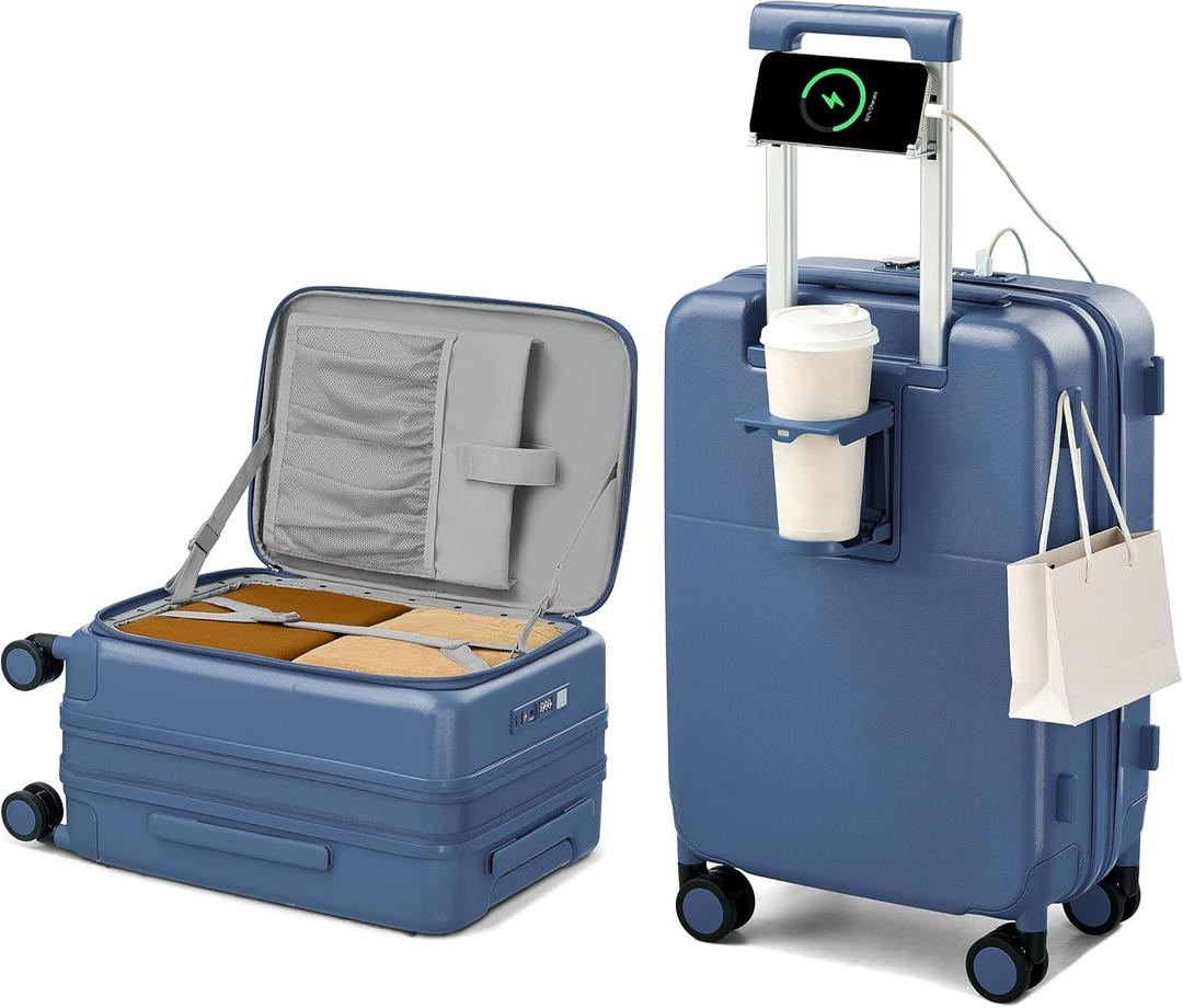 Hanke 20 Inch Expandable Carry On Luggage with Cup Holder 22x14x9 Airline Approved, Top Opening Hard Shell Suitcases with Wheels, Carry-On Travel Suitcase Trunk Luggage with Lock, Interstellar Blue