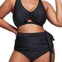 Daci Women Black 2 Piece Plus Size Bikini Swimsuit High Waisted Bottom Ruched Tie Knot Bathing Suit 18W