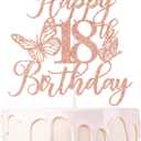 Rose Gold Glitter Happy 18th Birthday Cake Topper, Cheers to 18 Years/Time to Adult, Butterfly Themed 18th Birthday Party Decorations Supplie for Girls