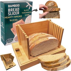 Bread Slicer for Sourdough Rounds & Homemade Bread - Round, Loaf & Baguette. Bamboo Bread Cutting Guide W/Crumb Tray - Foldable - Knife Not Included. Recommended: Serrated Knife Blade 10-12 Inches