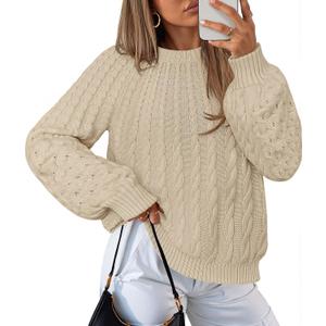 MEROKEETY Women's Fall Cable Knit Lantern Sleeve Chunky Pullover Sweater (Beige, L)