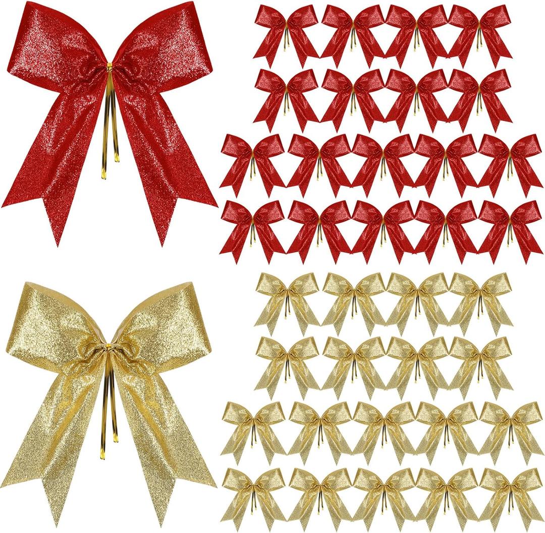 Cindeer 36 Pieces Glitter Christmas Bow Tie Christmas Tree Decorations 6.3 x 5.5 Inch Xmas Decor Wreath Ornaments for Garland Gift Party Decoration(Red, Gold)
