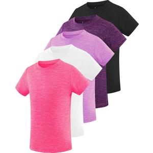 Star Vibe 5 Pack Girl's Shirts Athletic Short Sleeve Dry-Fit T-Shirts Crew Neck Active Sports Tops for Kids Teen 5-14 Years Black/Dark Purple/Purple/White/Rose XL