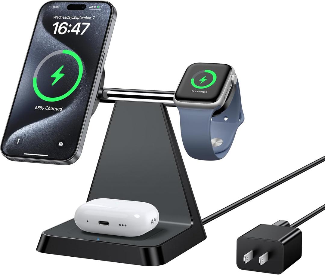 Charging Station for Multiple Devices Apple: Woruda 3 in 1 Magnetic Wireless Charger Stand for Mag Safe iPhone - Nightstand Charging Dock for iPhone 16 15 14 13 12 Pro Max Plus Apple Watch Airpods (Black)