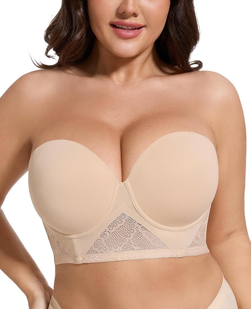 Strapless Longline Bra for Women Convertible Multiway Lace Corset Lift Up Bras Underwired Plus Size (Beige)