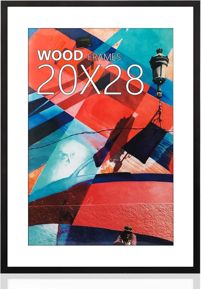 20x28 Poster Frame,Natural Soild Wood Black Picture Frames with Polished Plexiglass,Easy to Hang,Display Picture 20x28 without Mat or 16x24 with Mat for Wall Mounting Horizontally and Vertically, Black