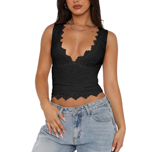 Reoria, Midnight Elegance Lace V-Neck Crop Top, Size XXL