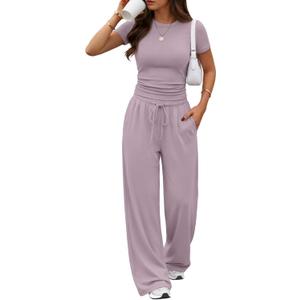 Trendy Queen Women's 2 Piece Matching Summer Lounge Set with Pockets | Vacation Airport Travel Outfits, Workout Gym Clothing Comfy Athleisure Clothes, Side-ruched Top, Drawstring Wide Leg Pants (Pink) XL