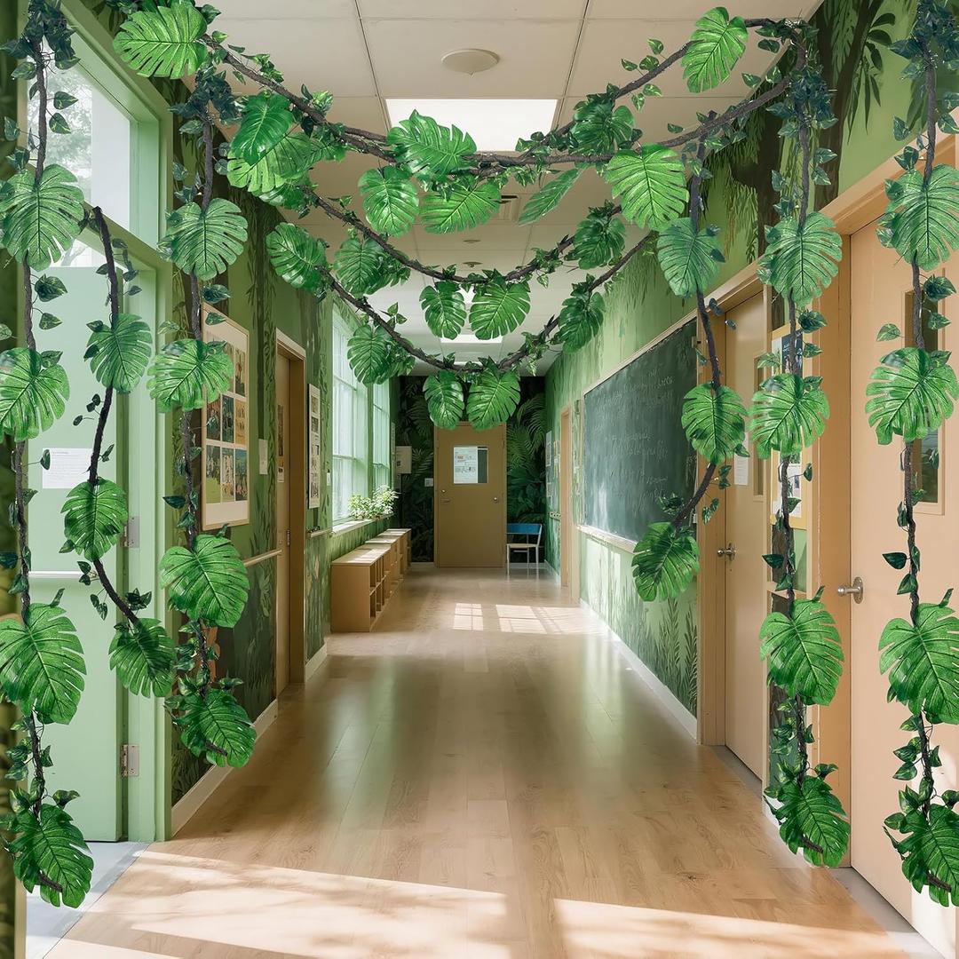 Preboun 27 Pcs Jungle Theme Party Decorations 2 10ft Artificial Rattans 20 Tropical Palm Leaves 5 Ivy Fake Vines Tropical Rainforest Safari Rattan Decorations for Indoor Outdoor Forest Jungle Party