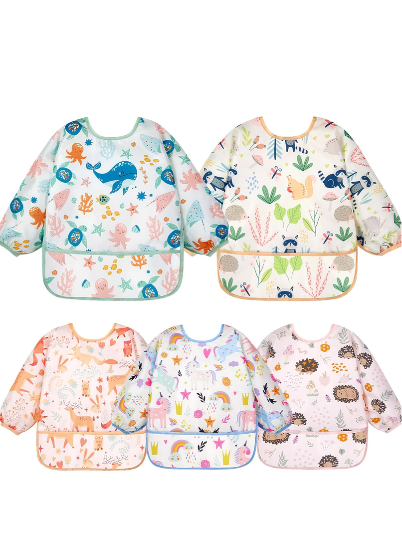 Lictin Long Sleeve Bibs 4 Pack - Baby Bibs, Waterproof Toddler Bibs, Baby Smock for Eating, Baby Bibs for Feeding Teething, 6 