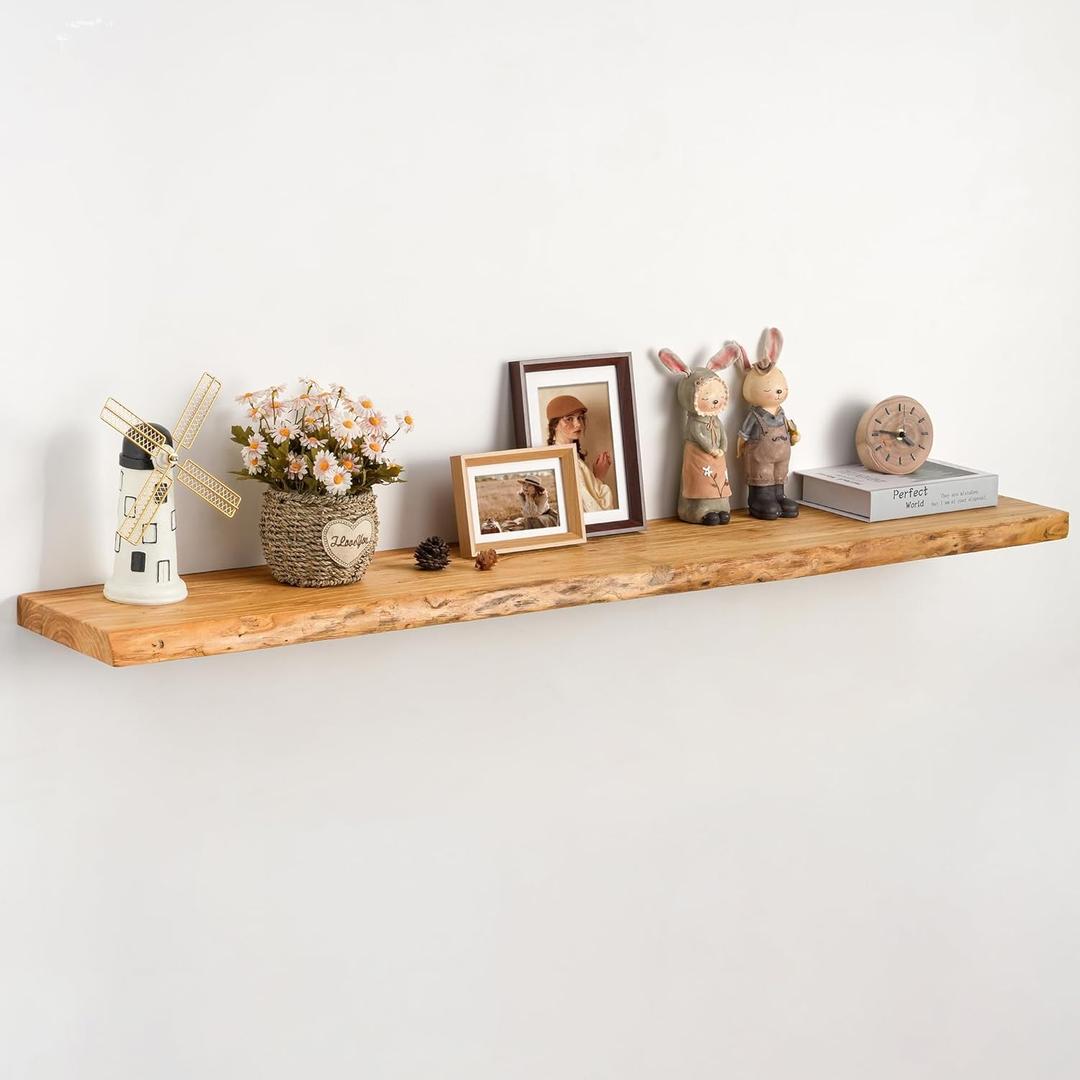 55" Rustic Elm Floating Shelf - Live Edge Solid Wood with Invisible Brackets, Extra Long Wall Mounted Shelf for Living Room, Kitchen & Bathroom, Natural Finish 55" Rustic Elm Floating Shelf - Live Edge Solid Wood with Invisible Brackets, Extra Long Wall Mounted Shelf for Living Room, Kitchen & Bathroom, Natural Finish