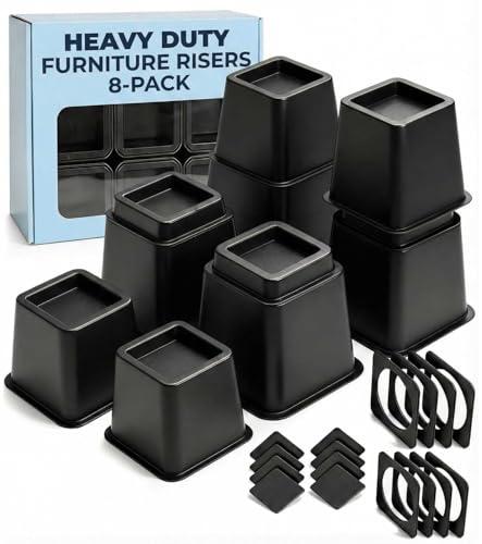Bed Risers - 3 & 5 Inch Adjustable Furniture Risers or 8 Inch Combined - Heavy Duty for Couch, Table, Dorm, Sofa, Chair & Table - Bed Support Legs for Height, Supports Up to 1,300 lbs (8 Pack, Black)