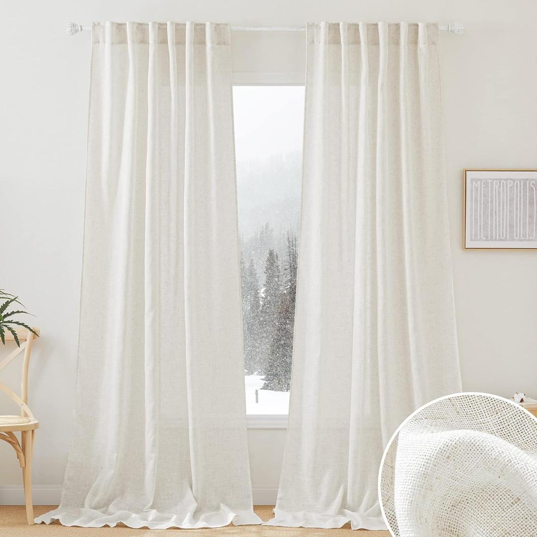 RYB HOME 108 inch Curtains - Flax Linen Blend Semi Sheer Light Glare Filtering Extra Long Drapes for Living Room Dining Doorway Farmhouse Office Sunroom, Linen, Wide 52" by Long 108", 2 Panels