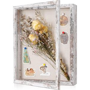 Califortree 11x14 Shadow Box Frame with Linen Back - Sturdy Rustic Memory Display Case of Flower, Pictures, Medals and More, Distressed White