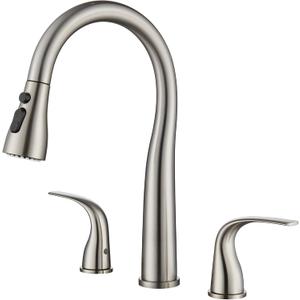 3 Hole Kitchen Faucet with Pull Down Sprayer, Brushed Nickel, Double Handle High Arc Faucet for Kitchen Sink with 3 Mode Spray, Stainless Steel, T-3005BN
