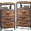 Huuger Nightstands Set of 2, 27.6 Inch End Tables with Charging Station, Fabric Drawers, Bedside Tables with USB Port and Outlet, Night Stands for Bedroom, Rustic Brown, 11.8"D x 15.7"W x 27.6"H