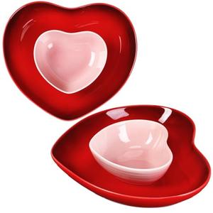 Tioncy 2 Set Heart Shaped Bowls and Plates Set Ceramic Dish Bowls Heart Dinner Plates Salad Bowls Dessert Appetizer Plates for Valentine Wedding Anniversary Baking Kitchen Party(Red, Pink)