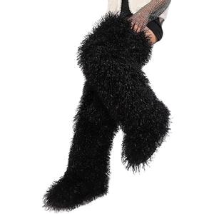 YXCFEWD Over the Knee Faux Fur Boots for Women 29 inchs Winter Thigh High Boots Fluffy Furry Snow Boots (8 Wide, Black)