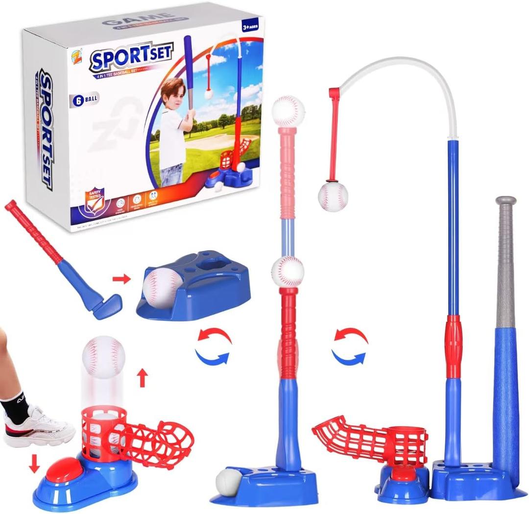 Exergoo 4-in-1 T Ball Set- Height Adjustable Tee Ball Set with 6 Baseballs, Kids Baseball Tee for 4-8,Indoor Outdoor Sports Toys for Boys Blue(Tball Bat/Batting Tee/Hanging Tee/Pitching Machine)