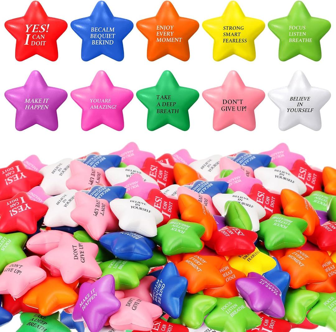 Jenaai 150 Pcs Stress Star Ball Bulk Motivational 2.2 Inch Star Shape Stress Ball with Inspirational Quotes Mini Sensory Colorful Anger Management Relief Toy for Adults Kids Teens Fidget Relief