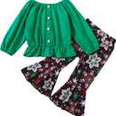 Toddler Baby Girl Christmas Outfits Long Sleeve Shirt Top Snowflake Plaid Bell Bottom Pants Set Xmas 2Pcs (Green)