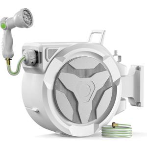 100ft Retractable Garden Hose Reel 1/2" with 10-Function Nozzle | Heavy Duty Water Hose, Slow Rewind & Any-Length Lock, 180° Swivel Wall Mount for Yard, Car Wash & Pet Shower, White