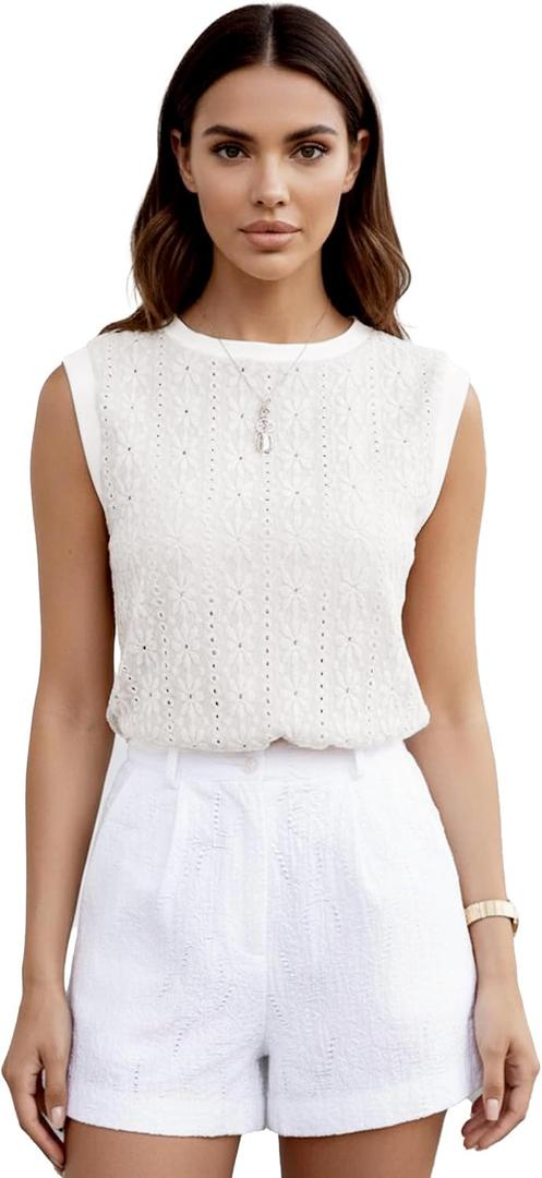 Women Eyelet Tank Tops Floral Casual Round Neck Sleeveless Summer Tops Trendy Basic Cute Plain Tanktops, S