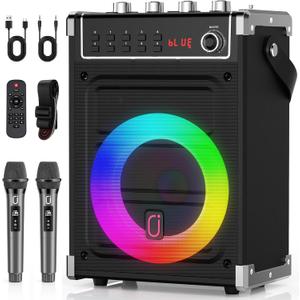JYX Karaoke Machine with 2 Wireless Microphones, Portable Bass/Treble Bluetooth Speaker with LED Light, Support TWS, AUX in, FM, REC PA System with Remote Control, Supply for Party/Adults/Kids (30 Watt-Black)
