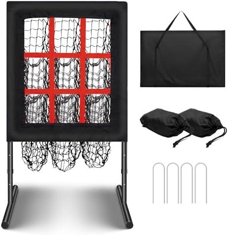 Baseball/Softball Pitching Net with Strike Zone - 9 Hole Pitching Target, Height Adjustable Practice Net for Baseball Training, Includes Carrying Bag, 4 Ground Stakes & 2 Sandbags