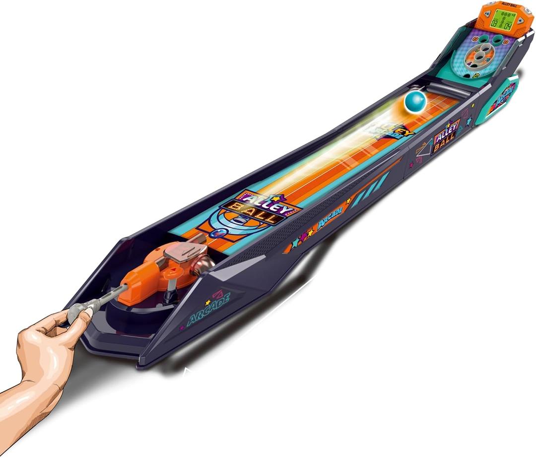 Alley Ball Game Electronic Roll & Score Tabletop Arcade, Auto Scoring with Lights & Sound, Pull-Handle Launcher 1-2 Players, Mini Arcade Game for Kids, Small