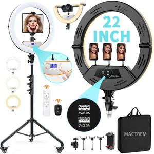 MACTREM 22" Foldable Ring Light with Stand for iPhone ipad, 75" Tripod with Wheels 50W 6500K LED Display/2 USB Ports Large Ringlight Rolling, Tattoo Barber Makeup Studio Video Photography Lighting
