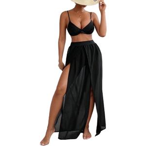 SweatyRocks Women's High Waist Split Thigh Cover Up Skirt Sheer Beach Long Skirt Swimwear (Large, Black)