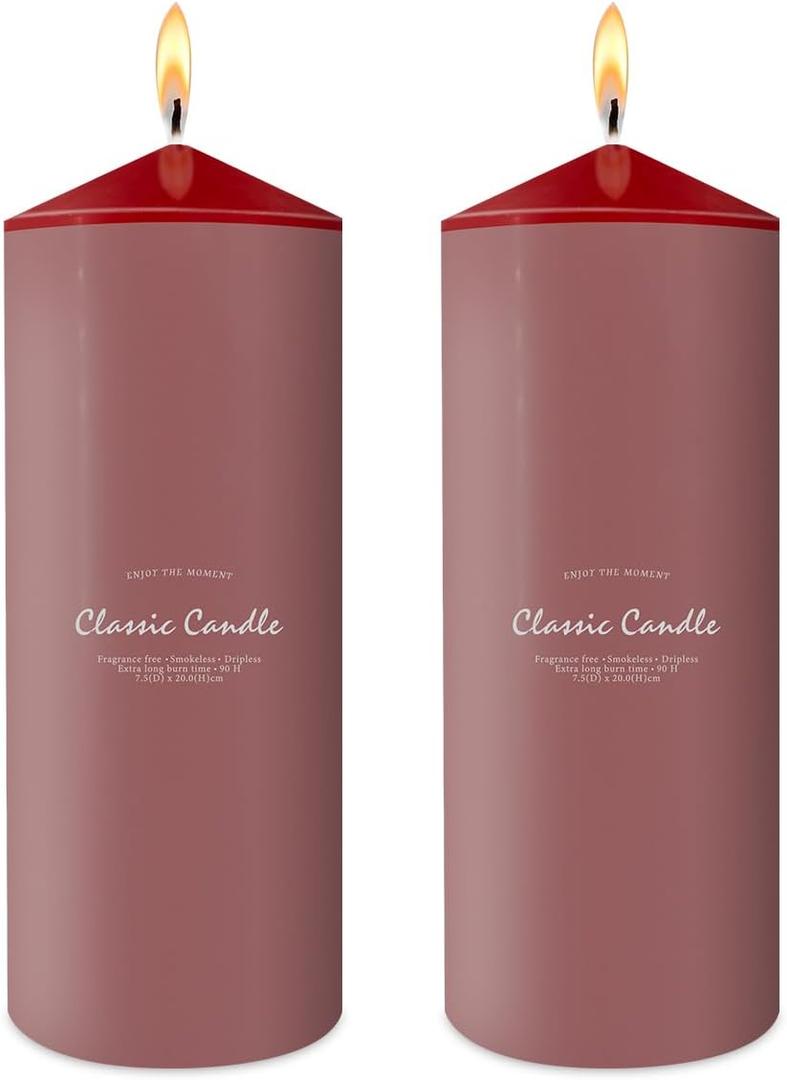 Hand Poured Pillar Candles Set of 2, 3x8 inches Emergency Large Red Candle, Smokeless Dripless Unscented and Non-Toxic Candles, Home Wedding Decor Candles