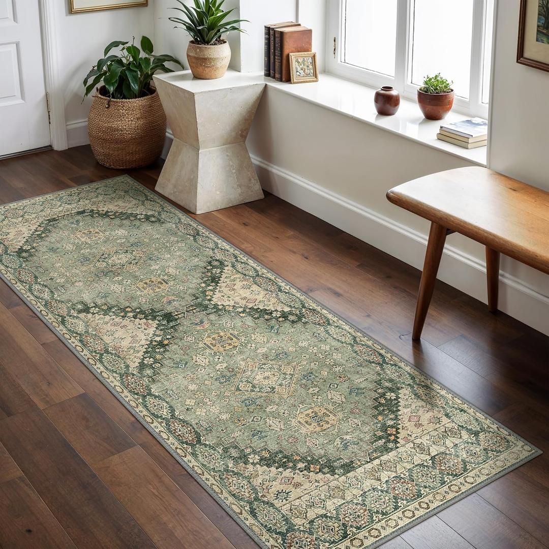 GENIMO 2x5 Runner Rugs for Hallway, Machine Washable Non Slip Vintage Rugs, Low Pile Lightweight Soft Print Rug for enrtyway, Corridor, Home, Office, Kitchen, Forest Green