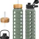 MUKOKO Glass Water Bottles, 32oz Glass Tumbler with Straw, Drinking Bottles with 2 Lids-Handle Spout Lid&Bamboo Straw Lid, Motivational Water Bottle with Time Marker and Silicone Sleeve, 1 Pack-Olive
