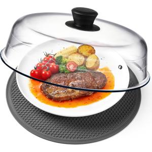 2 in 1, Glass Microwave Splatter Cover for Food & Microwave Place Mat, Plate Splatter Guard Lid with Easy Grip Silicone Handle Knob, Borosilicate Glass with Vent Hole, Food Grade, No Plastic, 10in