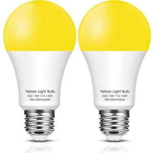 Yellow Bug Light Bulbs Outdoor, 150W Equivalent A19 Yellow Bug Lights for Outside, 13W High Brightness 1800K for Porch Lights, Not-Dimmable A19 Bulb for Patio, Deck, Backyard, Hallway, 2 Pack