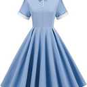 Women Short Sleeve 1950s Retro Vintage Cocktail Party Swing Dress Polka Dot Audrey Dress Casual A-Line Work Dress with Belt, Size M