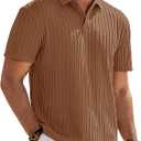 JMIERR Mens Casual Polo Shirt Summer Short Sleeve Vacation Button Beach Knit Stretchy Golf Shirts (Brown, L)