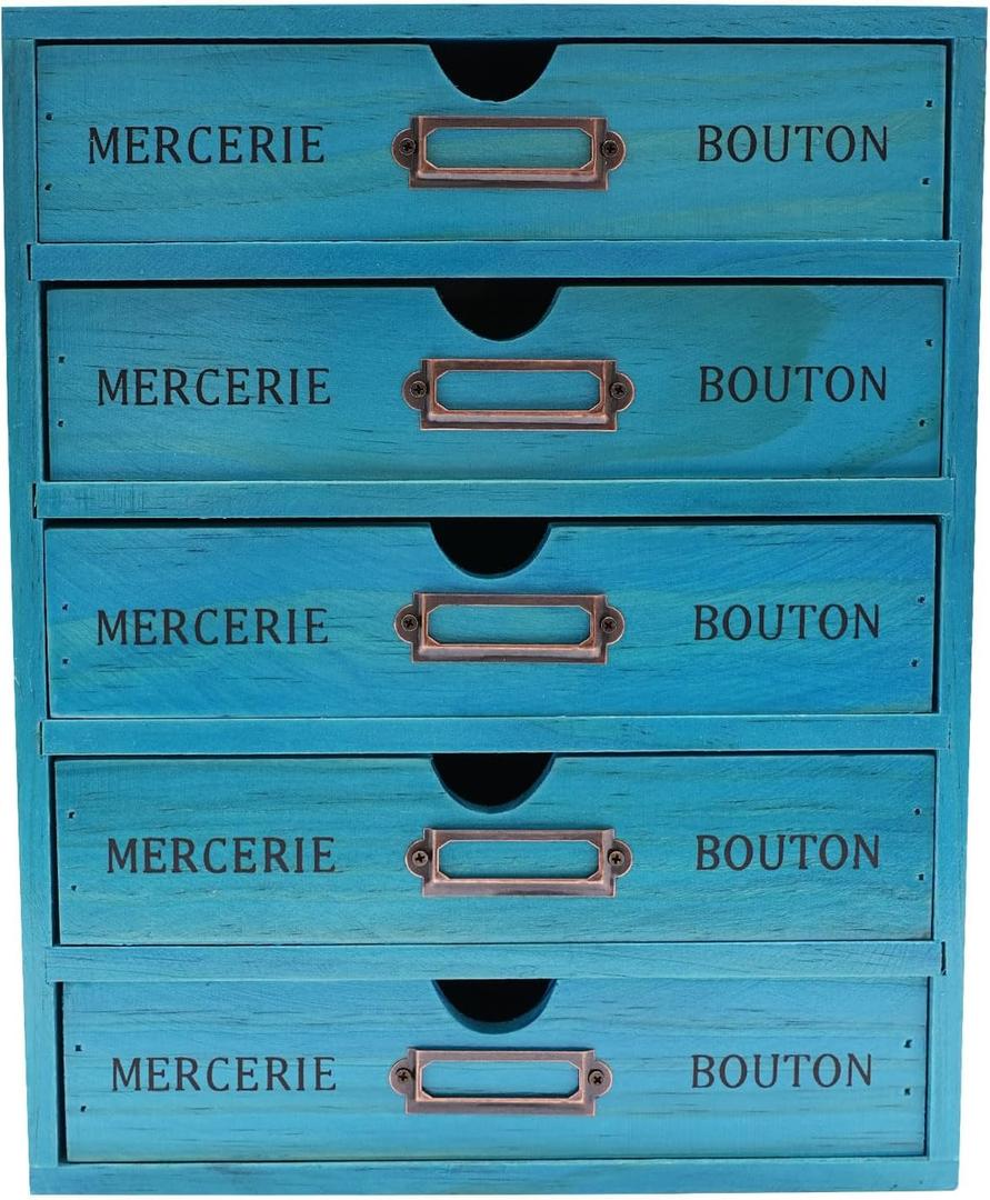 5 Drawer Wooden Desk Organizer, Wooden Storage Box Desktop Storage, Countertop Drawers Library Card Catalog Cabinet Apothecary Cabinet, Vintage Wood Home Office Desk Organizer (Blue)